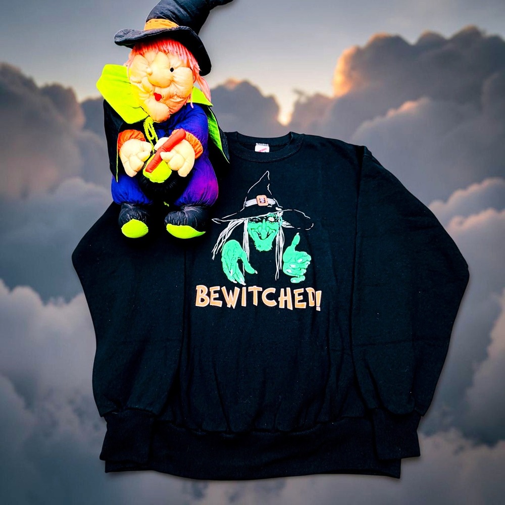 Vintage Jerzees Bewitched Halloween Sweatshirt XL Black & Witch Plush Doll Set